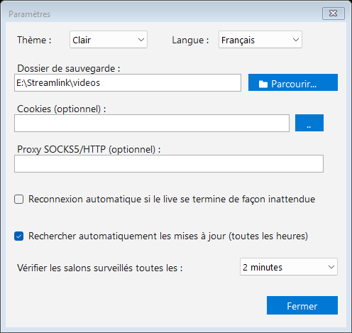 Fenêtre Paramètres : thème, langue, dossier de sauvegarde, cookies, proxy, reconnexion automatique